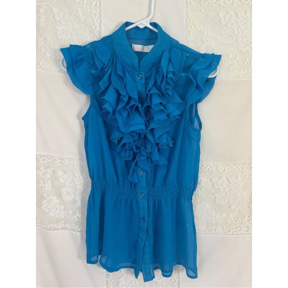 Y2K Blue Ruffled Semi Sheer Button Up Twee Office Siren Coquette Top Size M